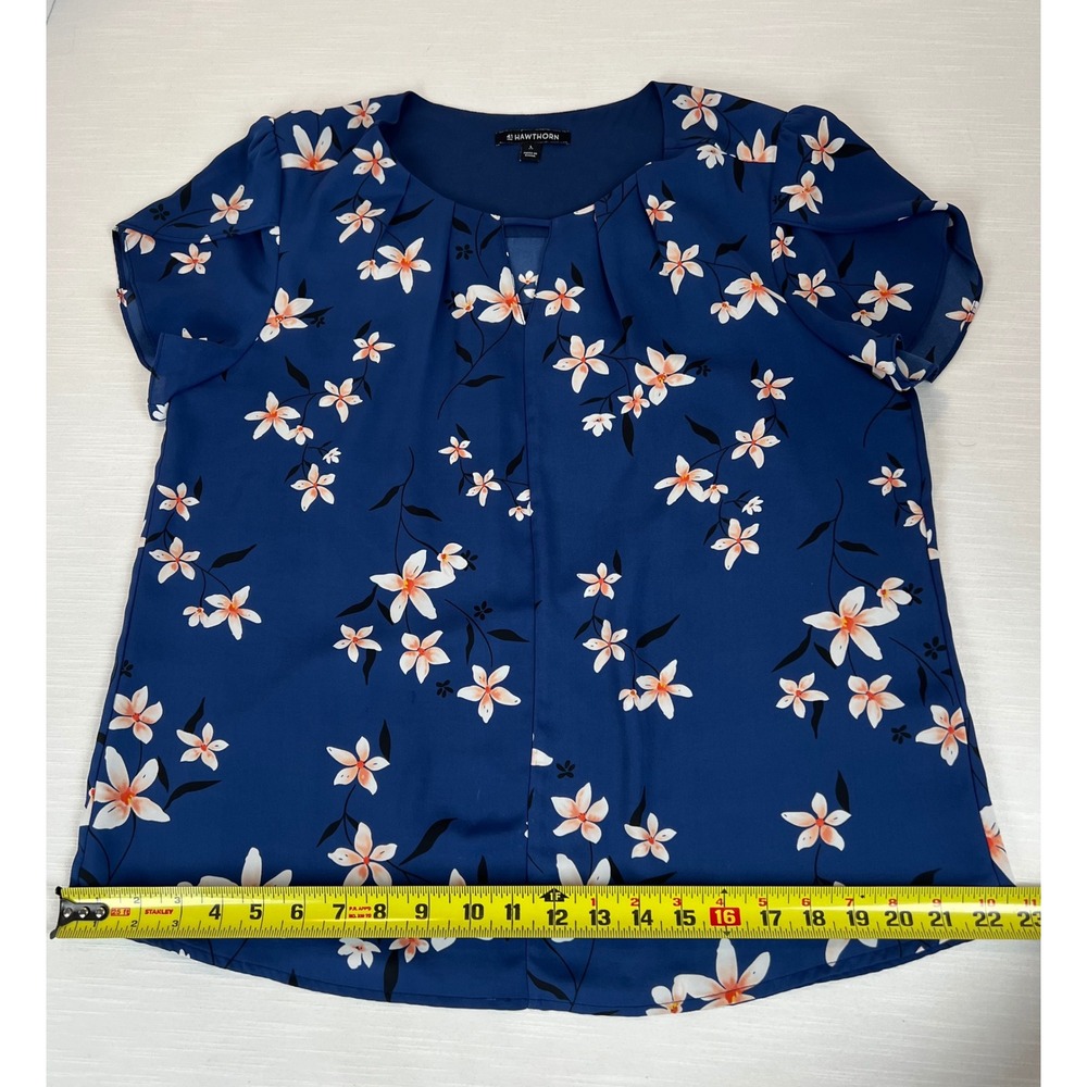 41 Hawthorn Blue Floral Keyhole Pleated Blouse Short Tulip Sleeve Top Large - Picture 6 of 12